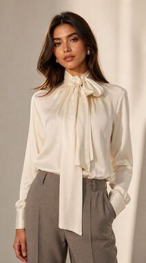 Rodebjer Rorie cupro vegan silk Tie Neck Blouse Cream Bow Blouse Quiet Luxury Mi